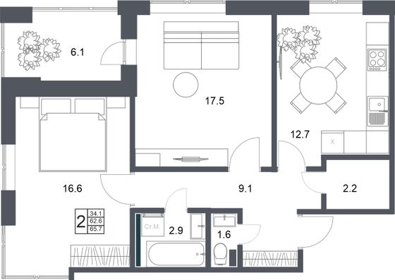 65,7 м², 2-комн. квартира, 4/20 этаж