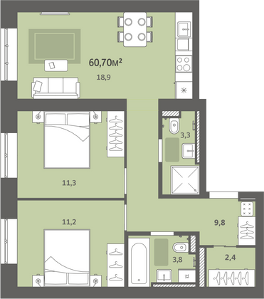 Продажа 2-комнатной квартиры 60,7 м², 3/9 этаж