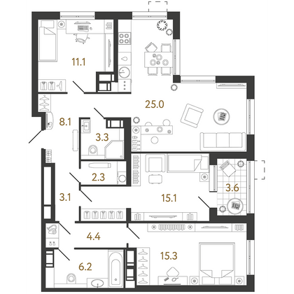 93,9 м², 3-комн. квартира, 23/23 этаж