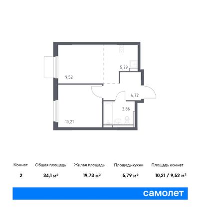 34,1 м², 2-комн. квартира, 15/17 этаж