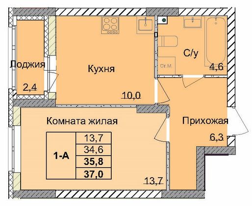 35,8 м², 1-комн. квартира, 1/18 этаж