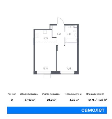 37 м², 2-комн. квартира, 12/22 этаж