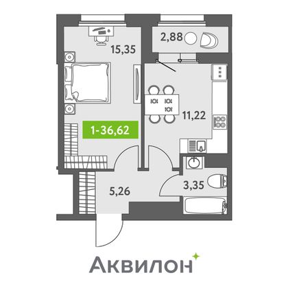 36,7 м², 1-комн. квартира, 12/13 этаж