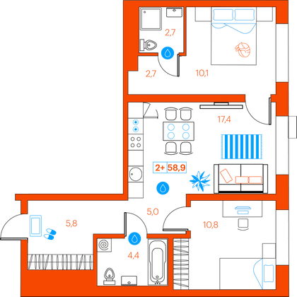 58,9 м², 2-комн. квартира, 13/21 этаж