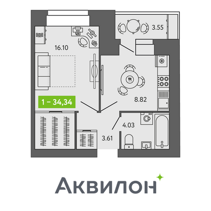 34,3 м², 1-комн. квартира, 8/9 этаж