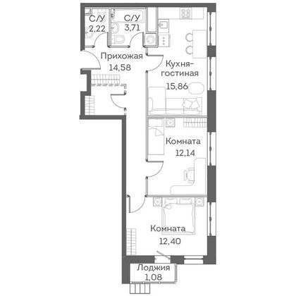 62 м², 2-комн. квартира, 23/24 этаж