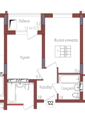 33,7 м², 1-комн. квартира, 7/9 этаж