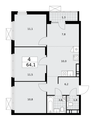 64,1 м², 4-комн. квартира, 9/16 этаж