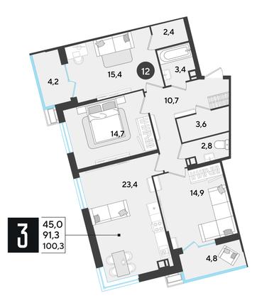 Продажа 3-комнатной квартиры 100,3 м², 3/18 этаж