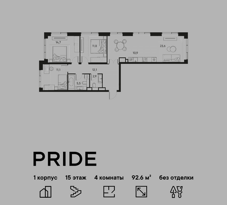 92,6 м², 4-комн. квартира, 15/22 этаж