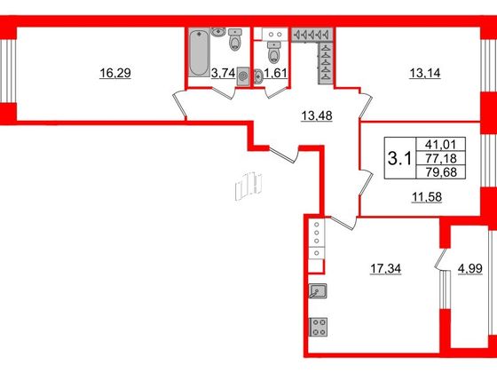 Продажа 3-комнатной квартиры 77,2 м², 10/12 этаж