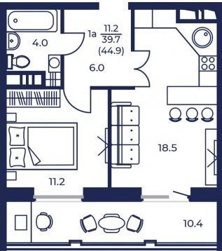 Продажа 1-комнатной квартиры 44,9 м², 5/16 этаж