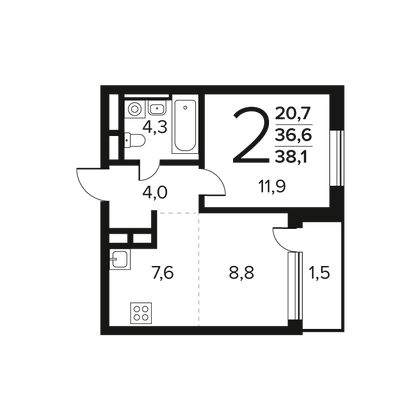 Продажа 2-комнатной квартиры 38,1 м², 6/11 этаж
