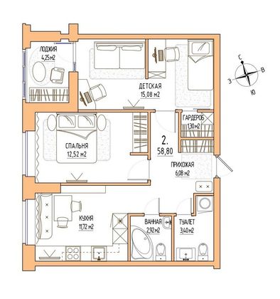 Продажа 2-комнатной квартиры 58,8 м², 8/17 этаж