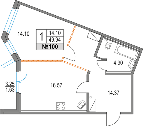 49,9 м², 1-комн. квартира, 16/16 этаж