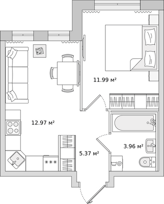 33,7 м², 1-комн. квартира, 1/17 этаж