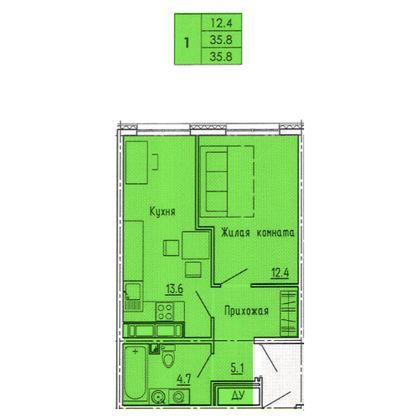 35,8 м², 1-комн. квартира, 15/18 этаж