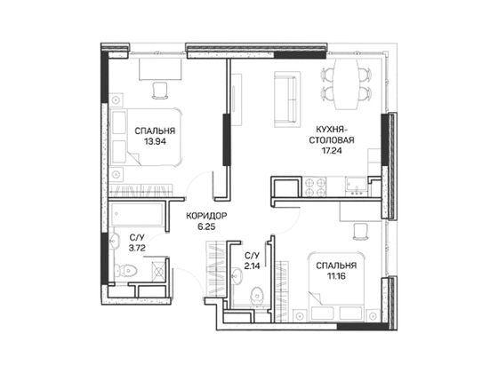 54,5 м², 2-комн. квартира, 7/8 этаж