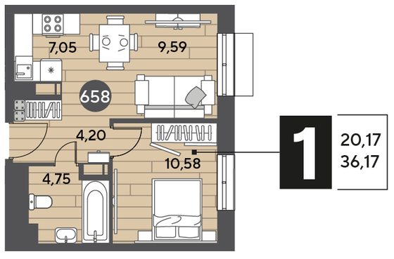 Продажа 1-комнатной квартиры 36,2 м², 2/15 этаж