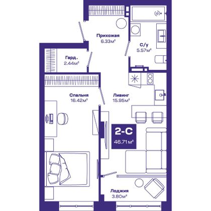 46,7 м², 2-комн. квартира, 3/8 этаж