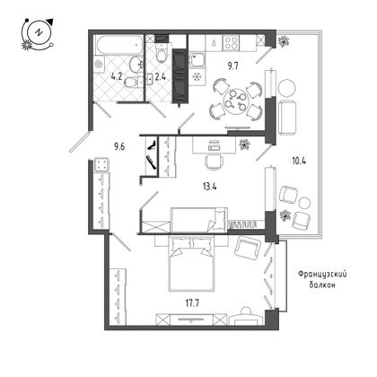 61,3 м², 2-комн. квартира, 5/12 этаж