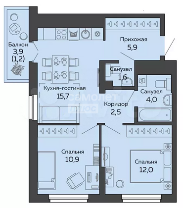 Продажа 2-комнатной квартиры 57 м², 5/27 этаж