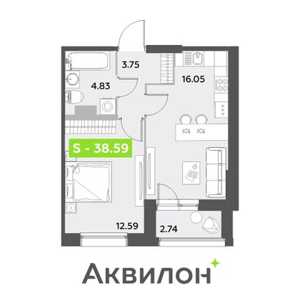 38,6 м², 1-комн. квартира, 1/12 этаж