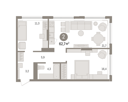 62,7 м², 2-комн. квартира, 2/17 этаж