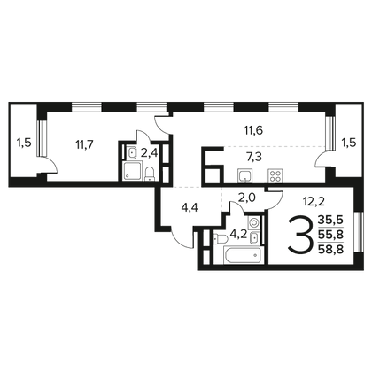 Продажа 3-комнатной квартиры 58,8 м², 8/9 этаж