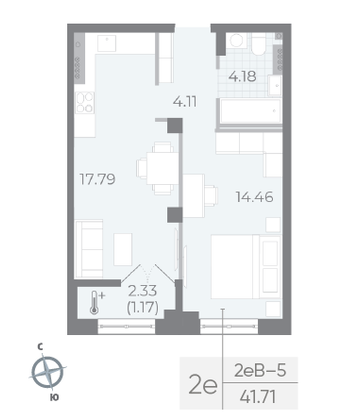 Продажа 1-комнатной квартиры 41,7 м², 5/8 этаж