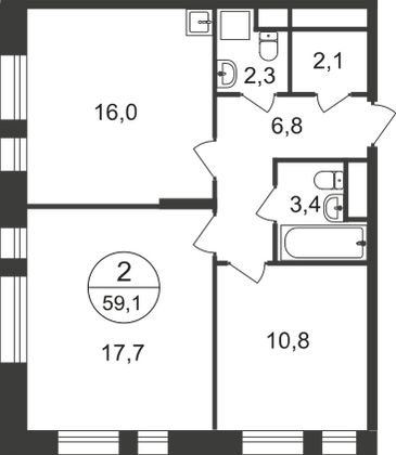 59,1 м², 2-комн. квартира, 19/22 этаж