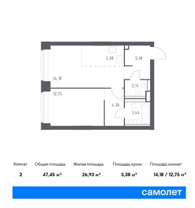 47,5 м², 1-комн. квартира, 25/40 этаж