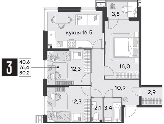 Продажа 3-комнатной квартиры 80,2 м², 2/18 этаж