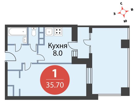 35,7 м², 1-комн. квартира, 2/8 этаж