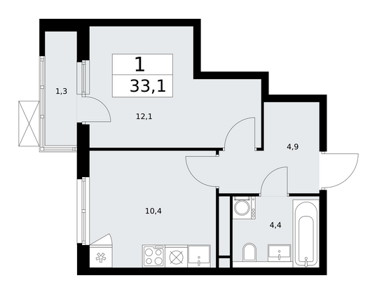 33,1 м², своб. планировка, 12/13 этаж