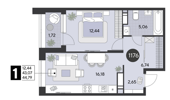 Продажа 1-комнатной квартиры 44,8 м², 11/21 этаж