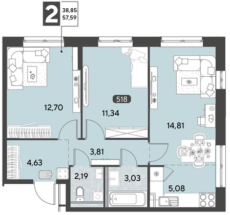 Продажа 3-комнатной квартиры 57,6 м², 18/21 этаж