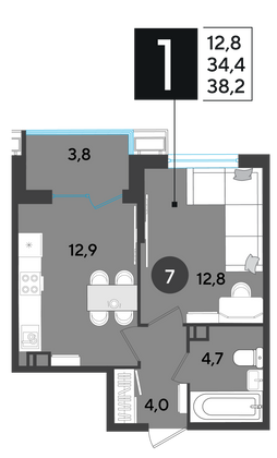 Продажа 1-комнатной квартиры 38,2 м², 2/18 этаж