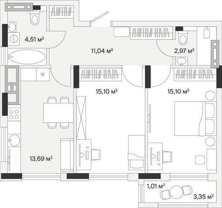 63,4 м², 2-комн. квартира, 1/7 этаж