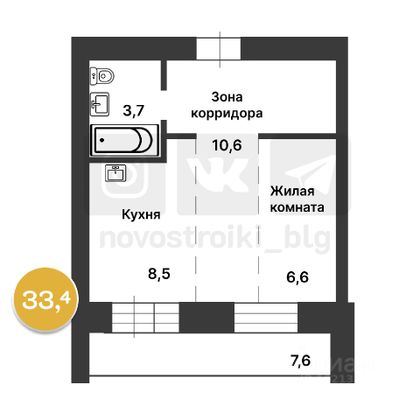 Продажа 1-комнатной квартиры 33,4 м², 5/5 этаж