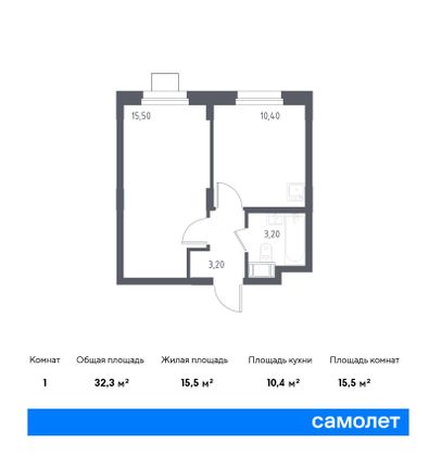 32,3 м², 1-комн. квартира, 16/17 этаж