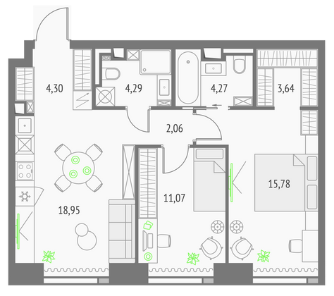 64,4 м², 2-комн. квартира, 43/57 этаж