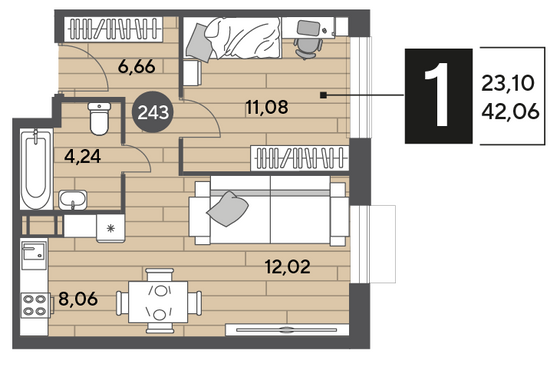 Продажа 1-комнатной квартиры 42,1 м², 14/15 этаж