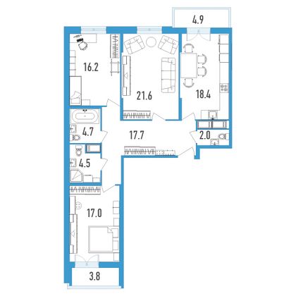 Продажа 3-комнатной квартиры 105,5 м², 7/18 этаж