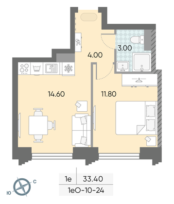 Продажа 1-комнатной квартиры 33,4 м², 24/58 этаж