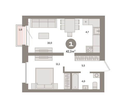 Продажа 1-комнатной квартиры 42,3 м², 13/24 этаж