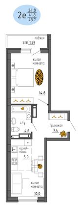 43,7 м², 2-комн. квартира, 17/25 этаж