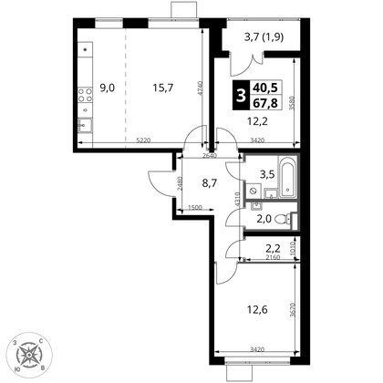 67,8 м², 3-комн. квартира, 13/16 этаж