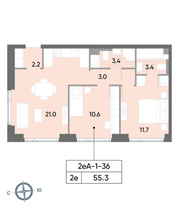 Продажа 2-комнатной квартиры 55,3 м², 36/52 этаж