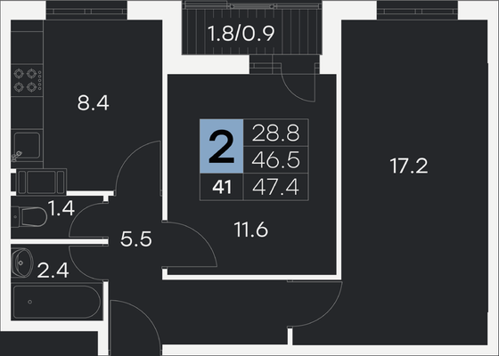 47,4 м², 2-комн. квартира, 7/9 этаж